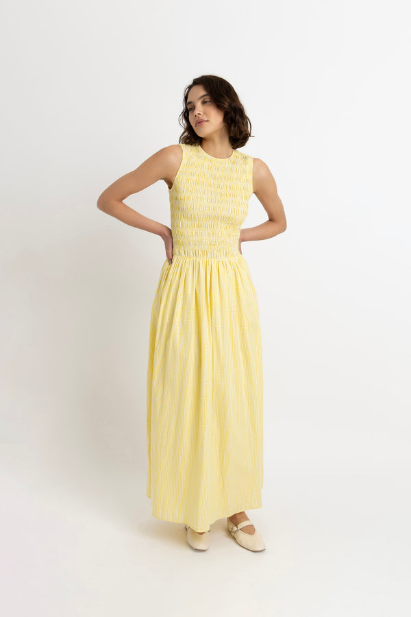 amy lynn Summer Pure Cotton Yellow Gingham Drop-waist Maxi Dress