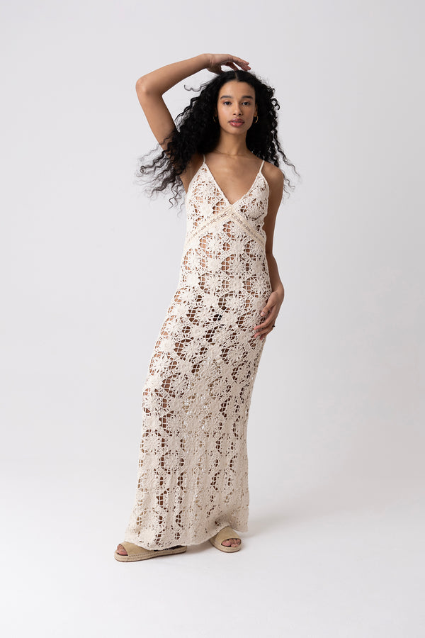 Amy Lynn Sylvia Pure Cotton Beige Crochet Maxi Dress
