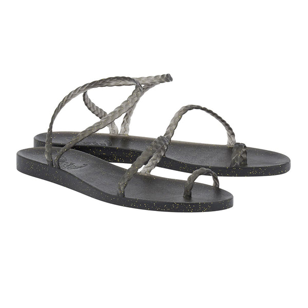 Ancient Greek Sandals Eleftheria Black Gold Glitter