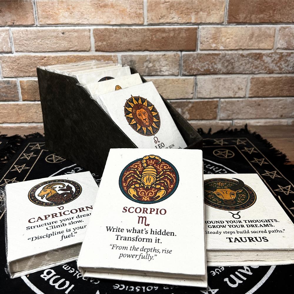 Ancient Wisdom 12x Med Tibet Style Star Signs Notebooks - (12x8cm) - 40 Leafs (12 X Assorted Des) - In Display Case