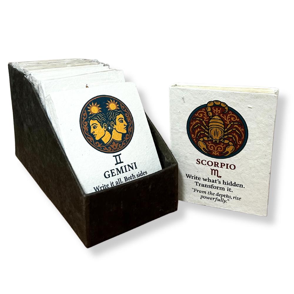 Ancient Wisdom 12x Med Tibet Style Star Signs Notebooks - (12x8cm) - 40 Leafs (12 X Assorted Des) - In Display Case
