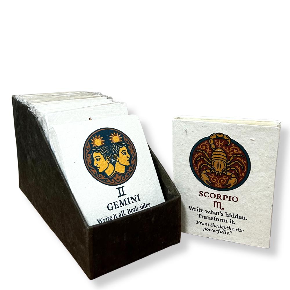 Ancient Wisdom 12x Med Tibet Style Star Signs Notebooks - (12x8cm) - 40 Leafs (12 X Assorted Des) - In Display Case