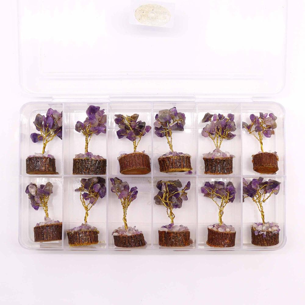 Ancient Wisdom 12x Mini Gemstone Trees On Wood Base - Amethyst (15 Stones)