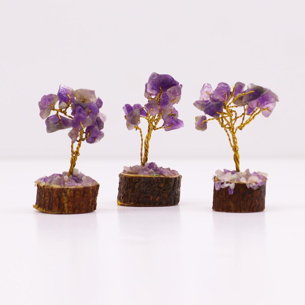 Ancient Wisdom 12x Mini Gemstone Trees On Wood Base - Amethyst (15 Stones)
