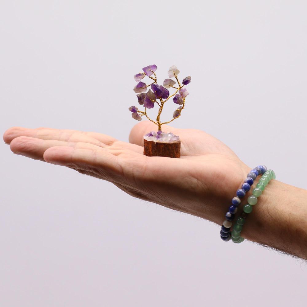 Ancient Wisdom 12x Mini Gemstone Trees On Wood Base - Amethyst (15 Stones)
