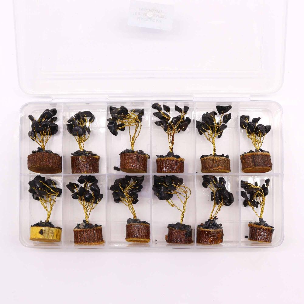 Ancient Wisdom 12x Mini Gemstone Trees On Wood Base - Black Agate (15 Stones)