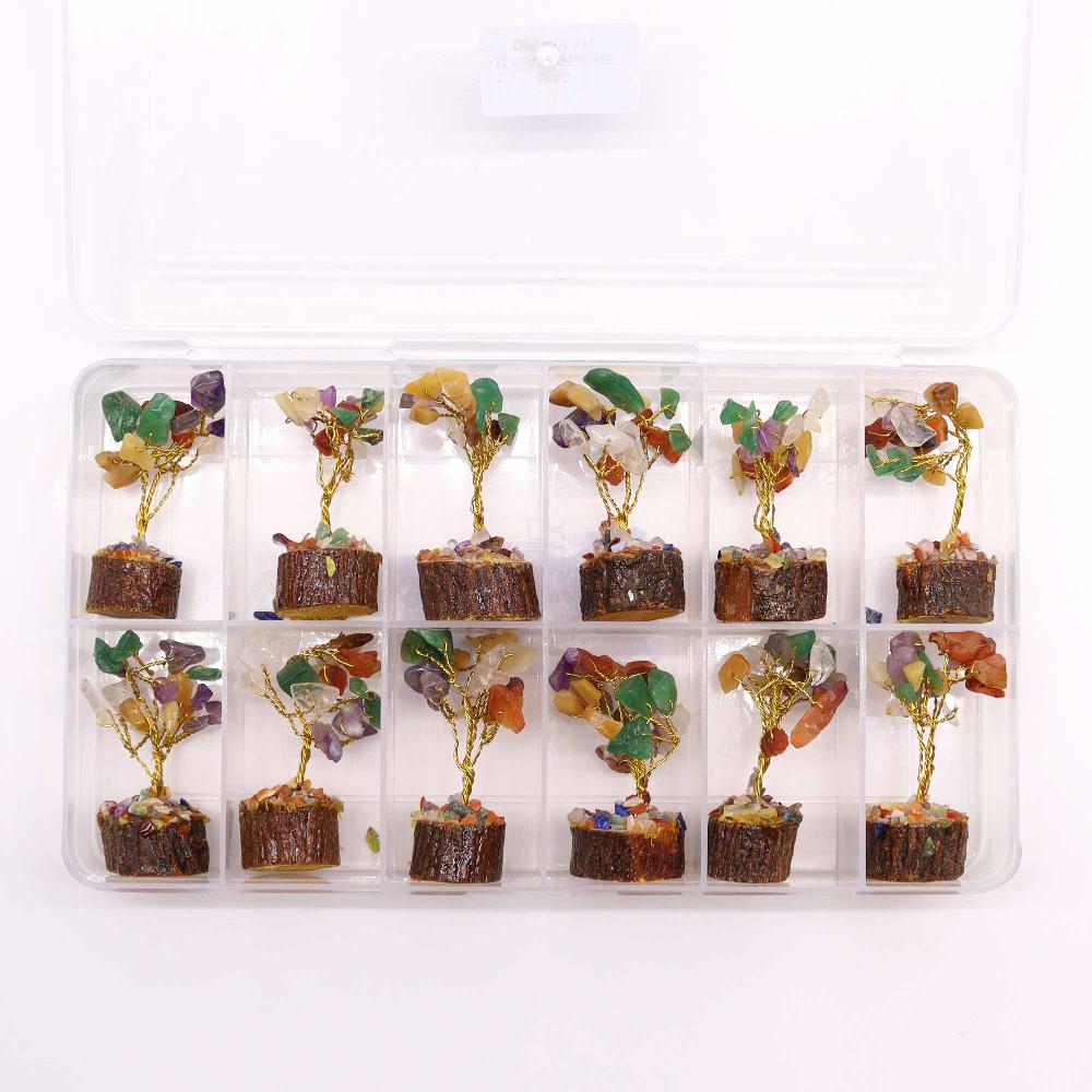 Ancient Wisdom 12x Mini Gemstone Trees On Wood Base - Multi Stones (15 Stones)