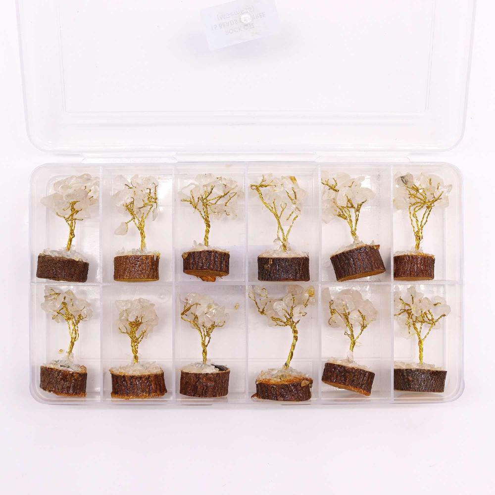 Ancient Wisdom 12x Mini Gemstone Trees On Wood Base - Rock Quartz (15 Stones)