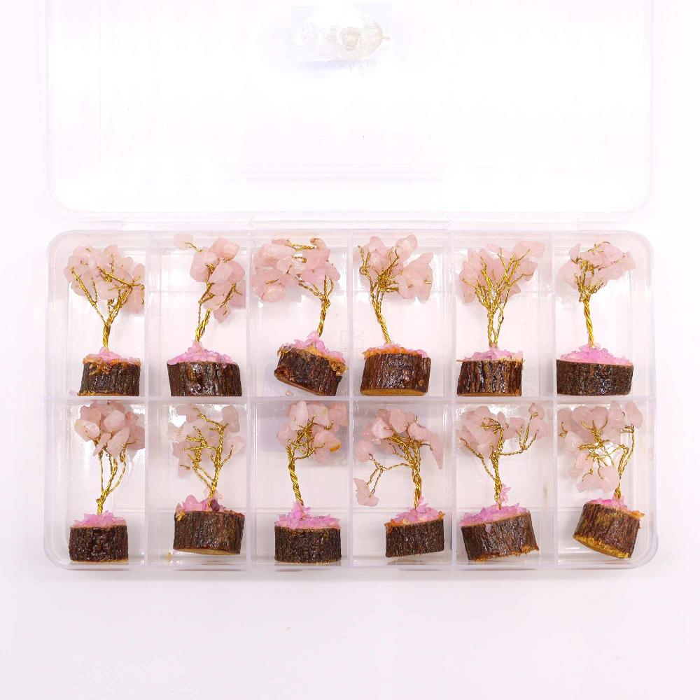 Ancient Wisdom 12x Mini Gemstone Trees On Wood Base - Rose Quartz (15 Stones)