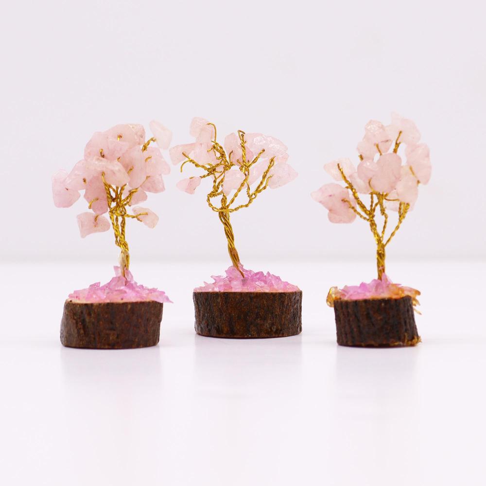 Ancient Wisdom 12x Mini Gemstone Trees On Wood Base - Rose Quartz (15 Stones)