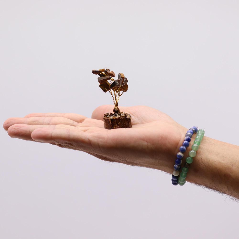 Ancient Wisdom 12x Mini Gemstone Trees On Wood Base - Tigereye (15 Stones)