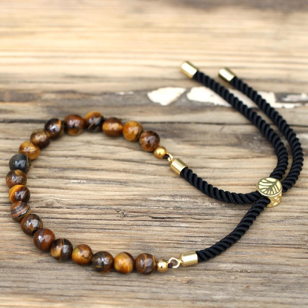 Ancient Wisdom 18K Gold Plated Gemstone Black String Bracelet - Tiger Eye