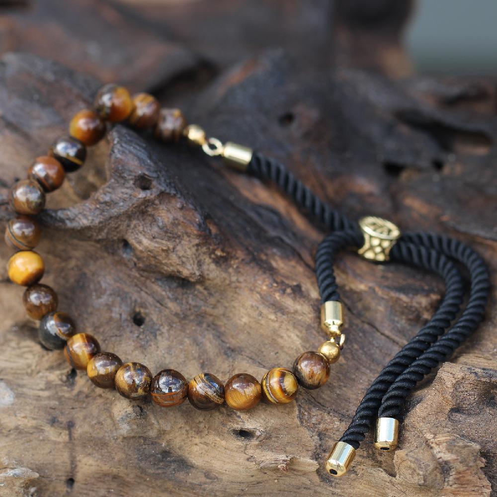 Ancient Wisdom 18K Gold Plated Gemstone Black String Bracelet - Tiger Eye