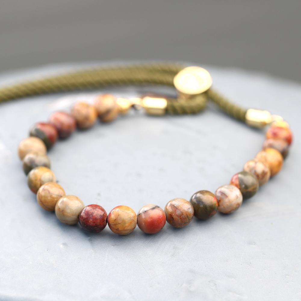 Ancient Wisdom 18K Gold Plated Gemstone Moss String Bracelet - Picasso Jasper