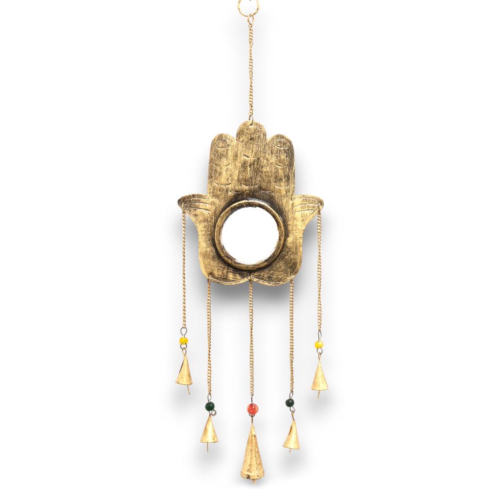 ancient wisdom 2x Indian Chimes - Hamsa Lrg Mirror 5 Bells - 19x65cm