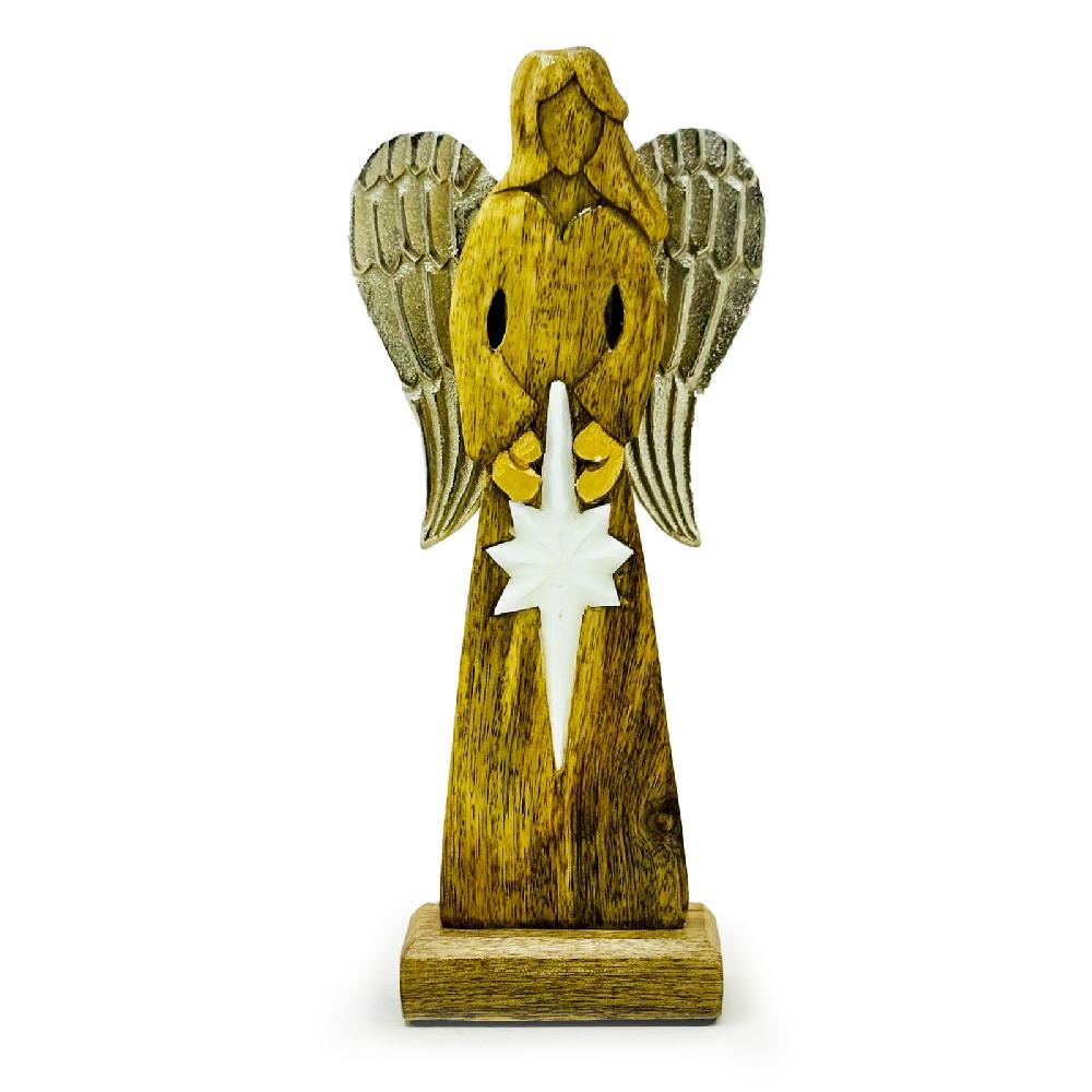 ancient wisdom 2x Large Mango Wood Peace Angel Metal Wings & Enamel Detail - 30cm