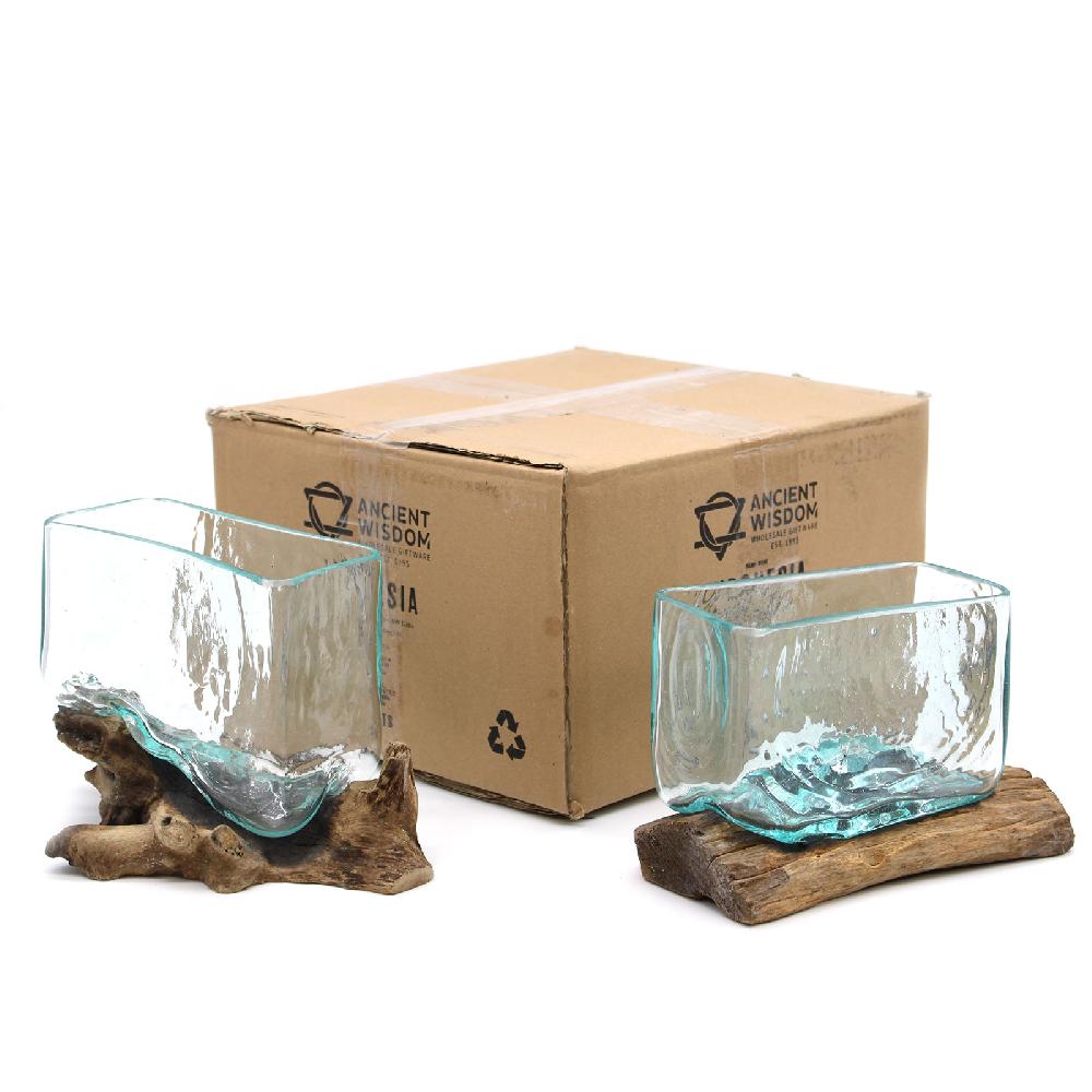 Ancient Wisdom 2x Molten Glass Tank On Wood With Stand - Medium Bowl