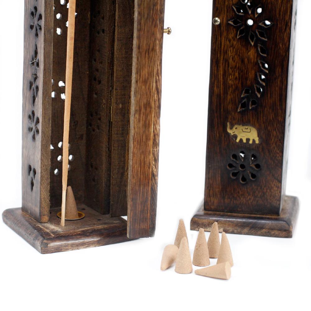 Ancient Wisdom 2x Square Incense Tower - Brass Inlay - Mango Wood