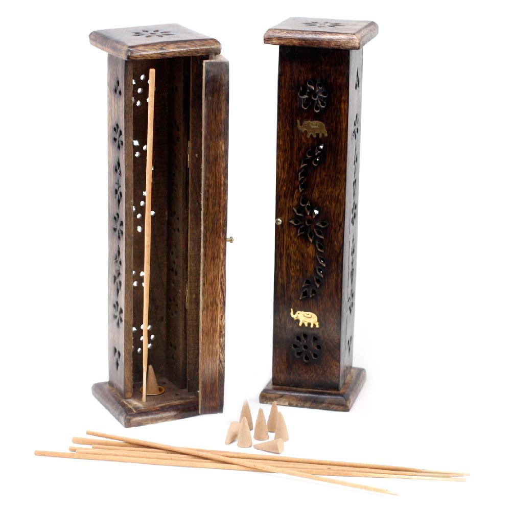 Ancient Wisdom 2x Square Incense Tower - Brass Inlay - Mango Wood