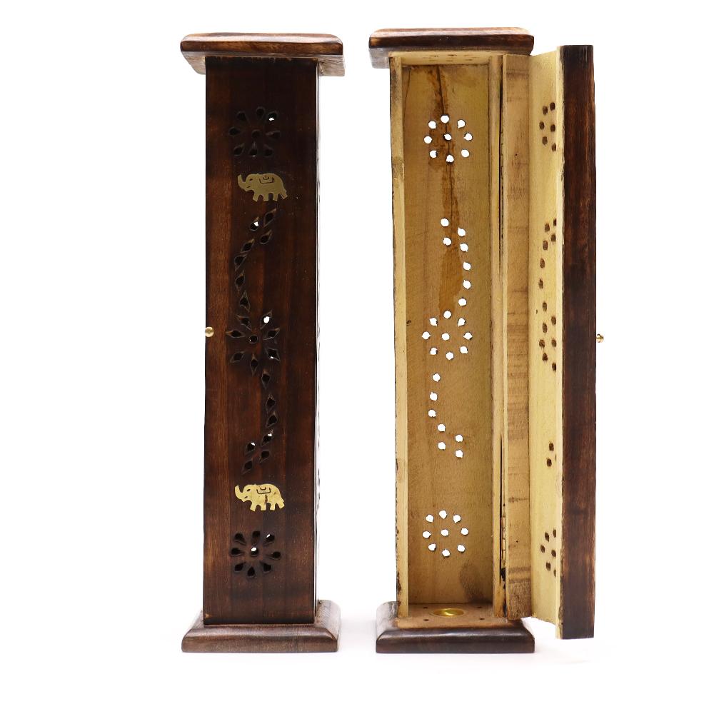 ancient wisdom 2x Square Incense Tower - Brass inlay - Mango Wood