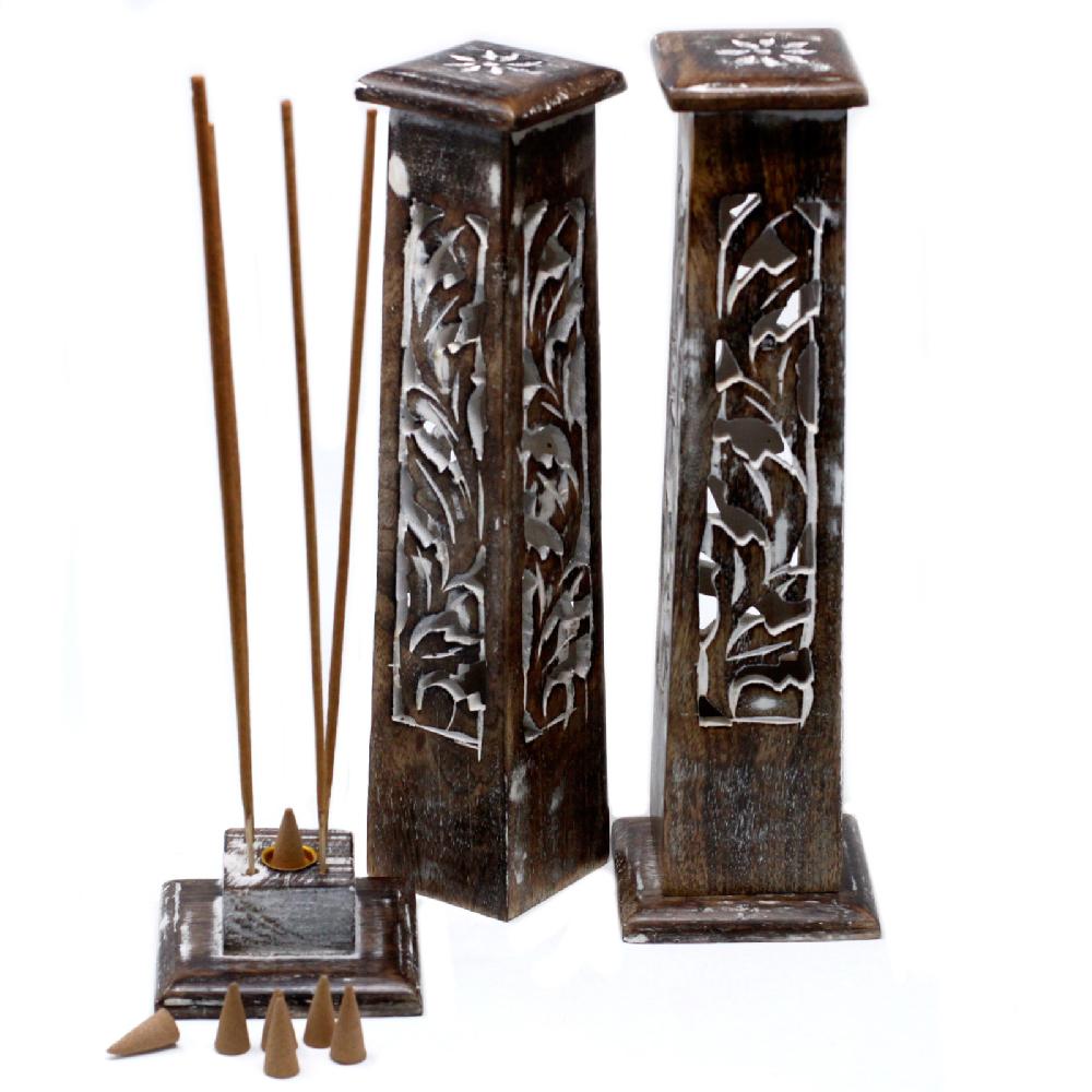 Ancient Wisdom 2x Tapered Incense Tower Washed Des2 - Mango Wood