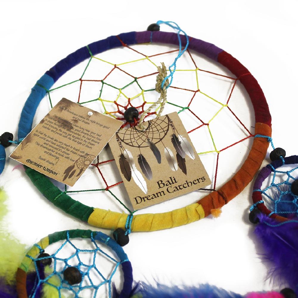 Ancient Wisdom 3x Bali Dreamcatchers - Large Round - Rainbow
