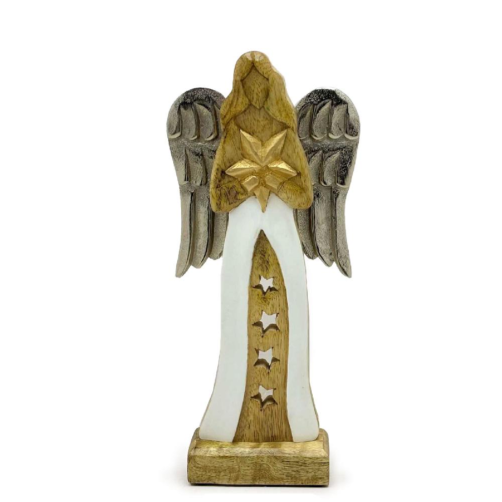 ancient wisdom 3x Large Mango Wood Star Angel Metal Wings & Enamel Detail - 30cm