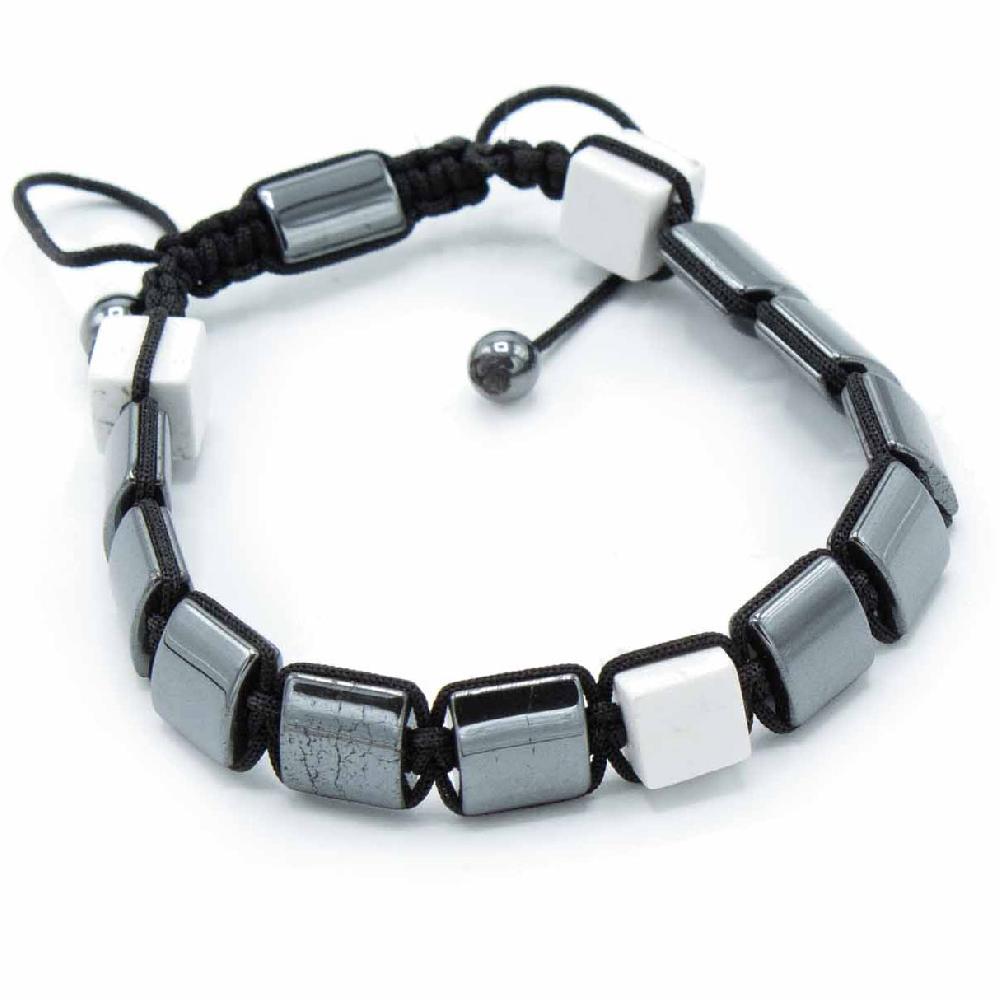Ancient Wisdom 3x Magnetic Hematite Shamballa Bracelet - White Jasper Cuboids