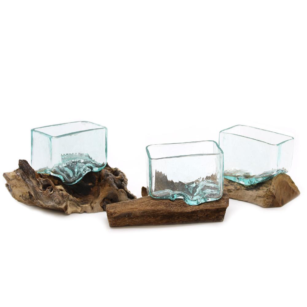 Ancient Wisdom 3x Molten Glass Tank On Wood With Stand - Small Bowl