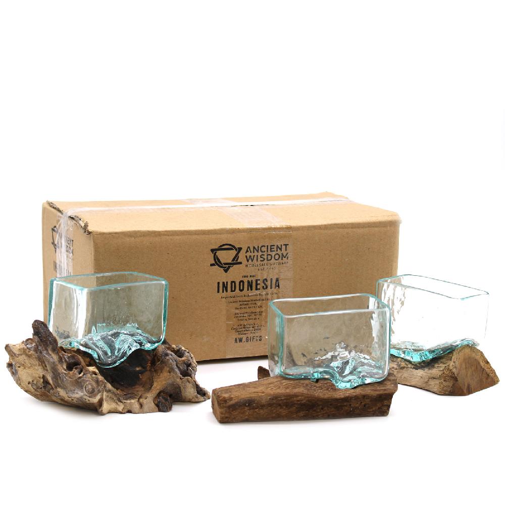 Ancient Wisdom 3x Molten Glass Tank On Wood With Stand - Small Bowl