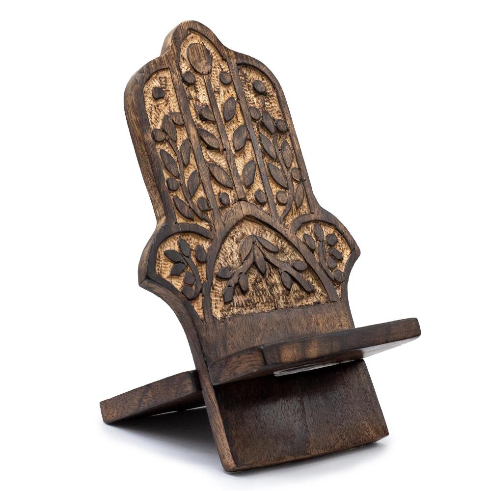 ancient wisdom 3x Wooden Carved Phone Stands - Hamsa 20x9.5cm