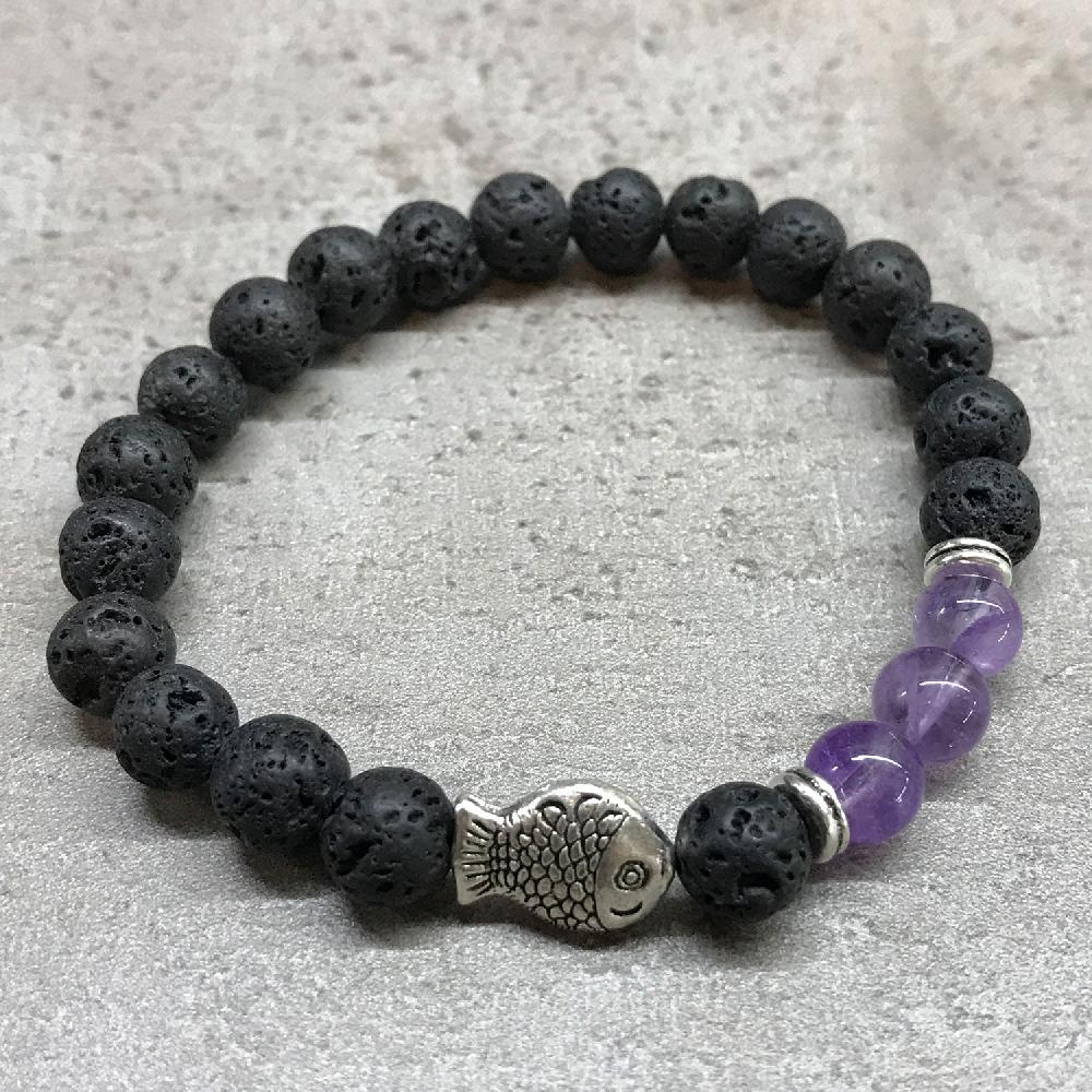 Ancient Wisdom 4x Lava Stone Bracelet - Fish Amethyst