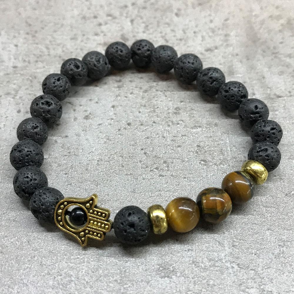 Ancient Wisdom 4x Lava Stone Bracelet - Hamsa Tiger-eye