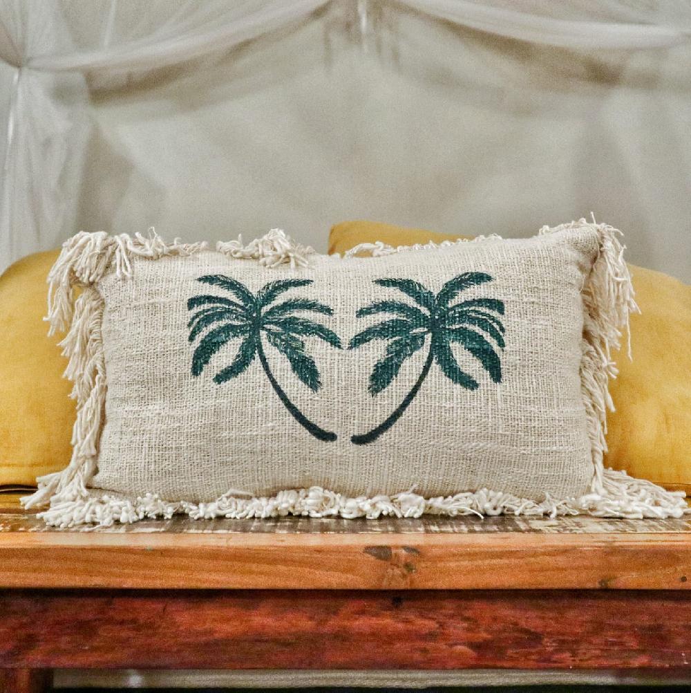 Ancient Wisdom 4x Linen Cushion Cover 30x50cm Palm Tree With Fringe