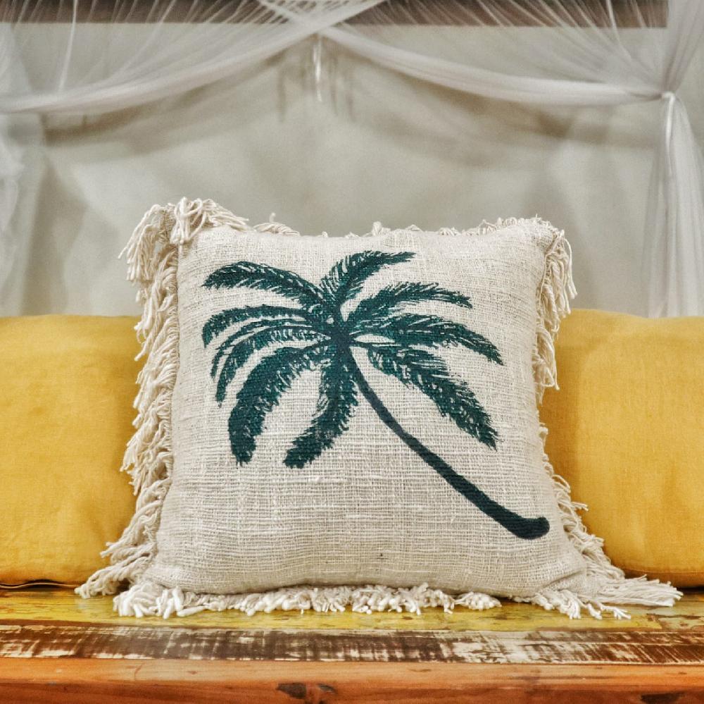 Ancient Wisdom 4x Linen Cushion Cover 45x45cm Palm Tree With Fringe