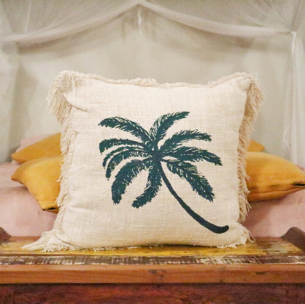 Ancient Wisdom 4x Linen Cushion Cover 60x60cm Palm Tree With Fringe