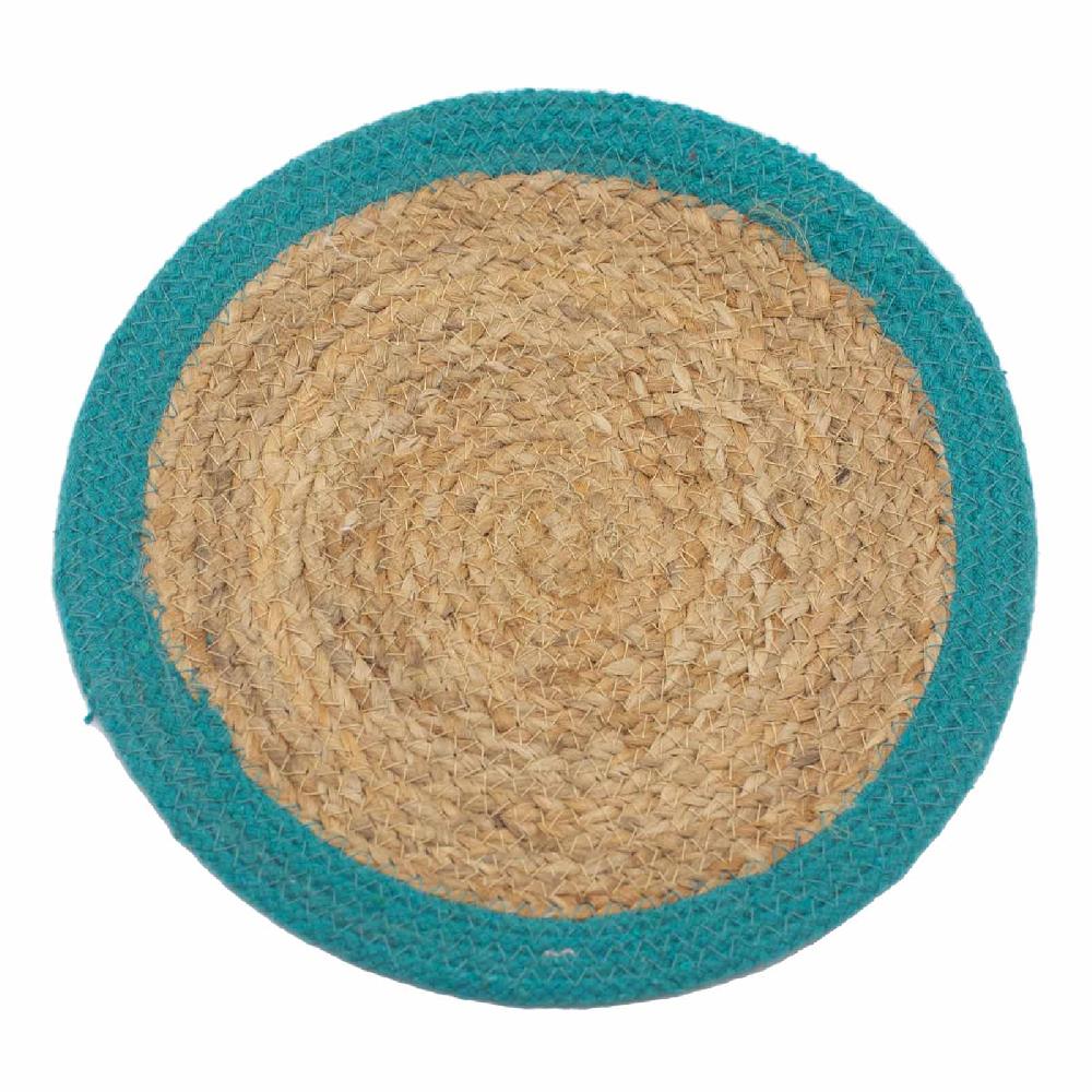 ancient wisdom 4x Natural Place Mat - Jute & Cotton 30cm - Teal Border