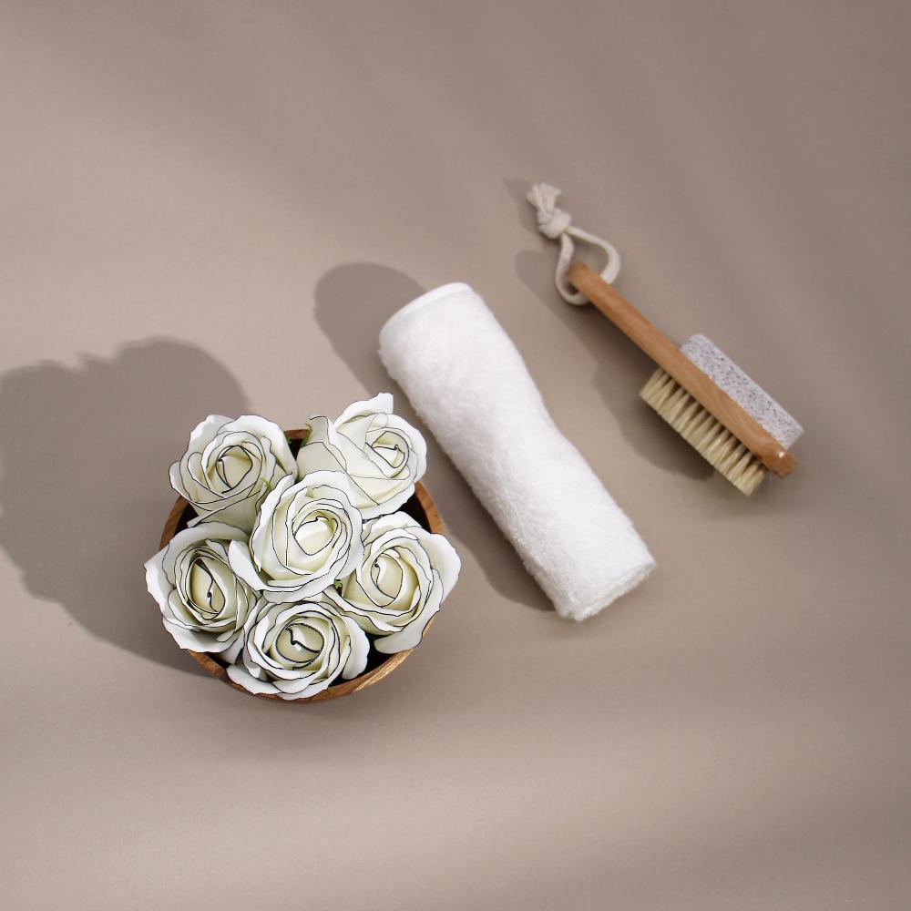 Ancient Wisdom 50x Craft Soap Flowers - Med Rose - Ivory With Black Rim