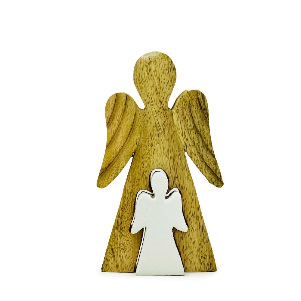 ancient wisdom 6x Mango Wood Angel in Angel - White Enamel - 15cm