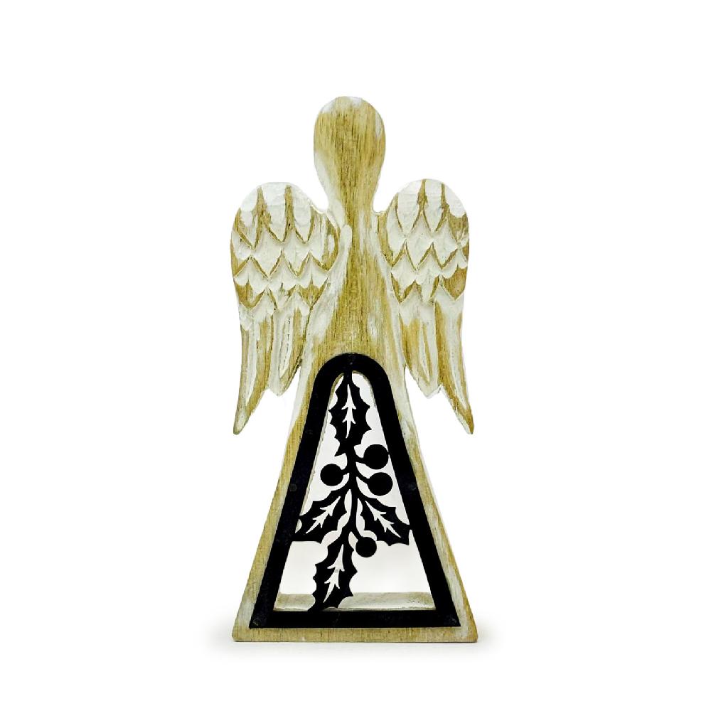 ancient wisdom 6x Mango Wood Angel - Whitewash with Iron Decor Cut Out - 18cm