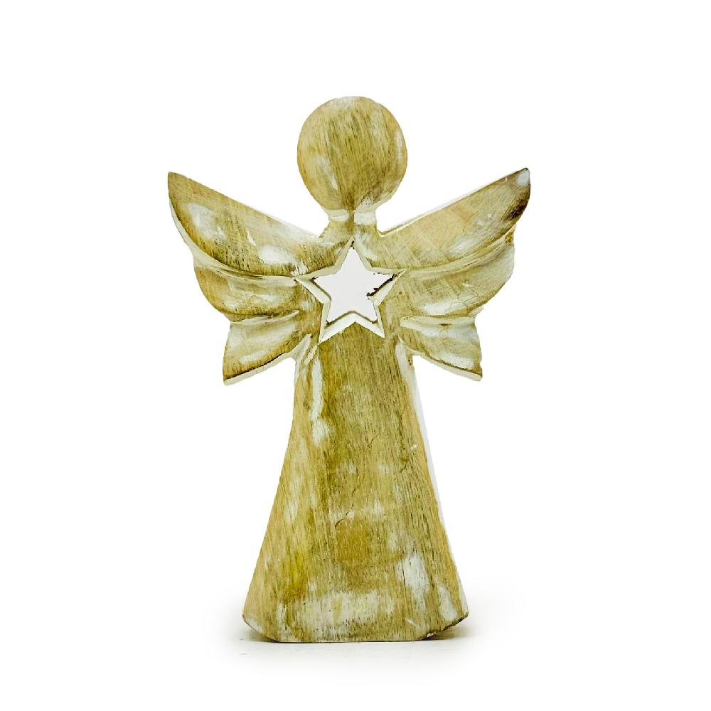 ancient wisdom 6x Mango Wood Angel - Whitewash with Star Cut Out - 18cm
