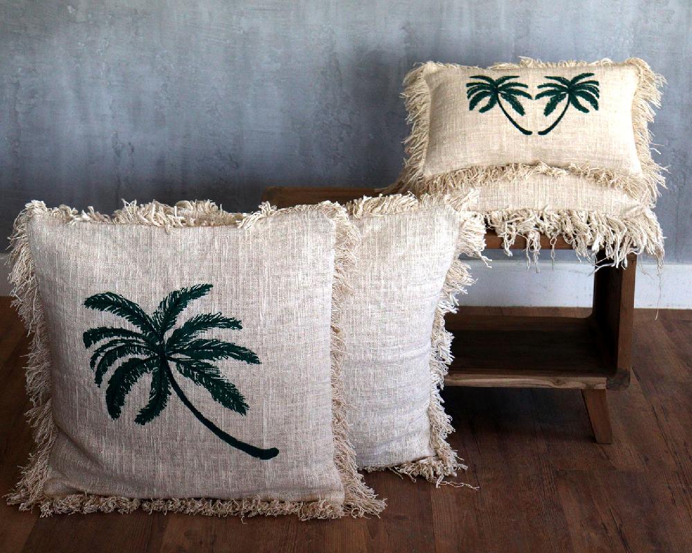 Ancient Wisdom 8x Linen Cushion Covers Palm Tree With Inner - With Fringe 45x45cm