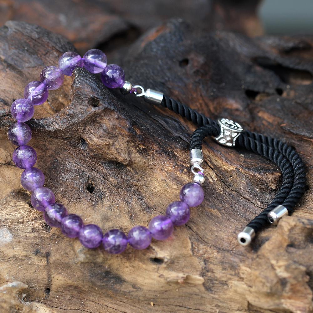 Ancient Wisdom 925 Silver Plated Gemstone Black String Bracelet - Amethyst