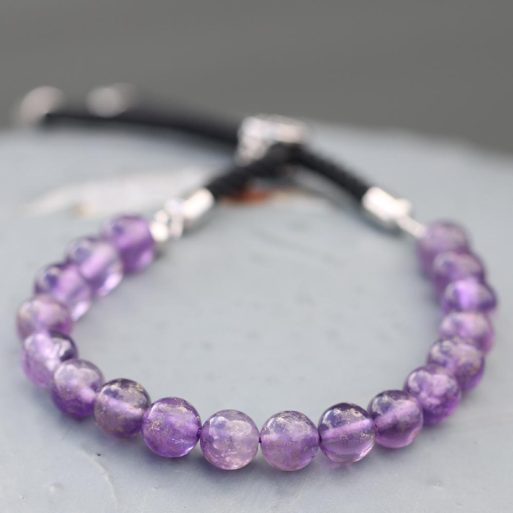Ancient Wisdom 925 Silver Plated Gemstone Black String Bracelet - Amethyst