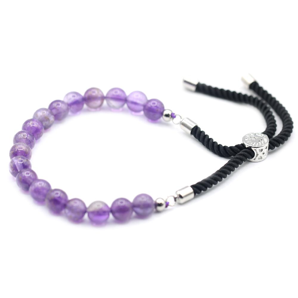 ancient wisdom 925 Silver Plated Gemstone Black String Bracelet - Amethyst