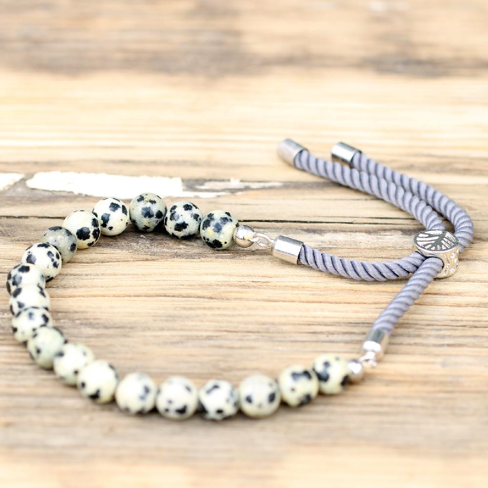 Ancient Wisdom 925 Silver Plated Gemstone Charcoal String Bracelet - Dalmatian Jasper