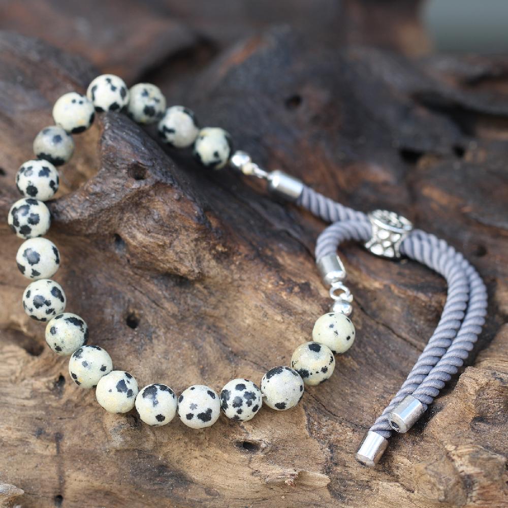 Ancient Wisdom 925 Silver Plated Gemstone Charcoal String Bracelet - Dalmatian Jasper