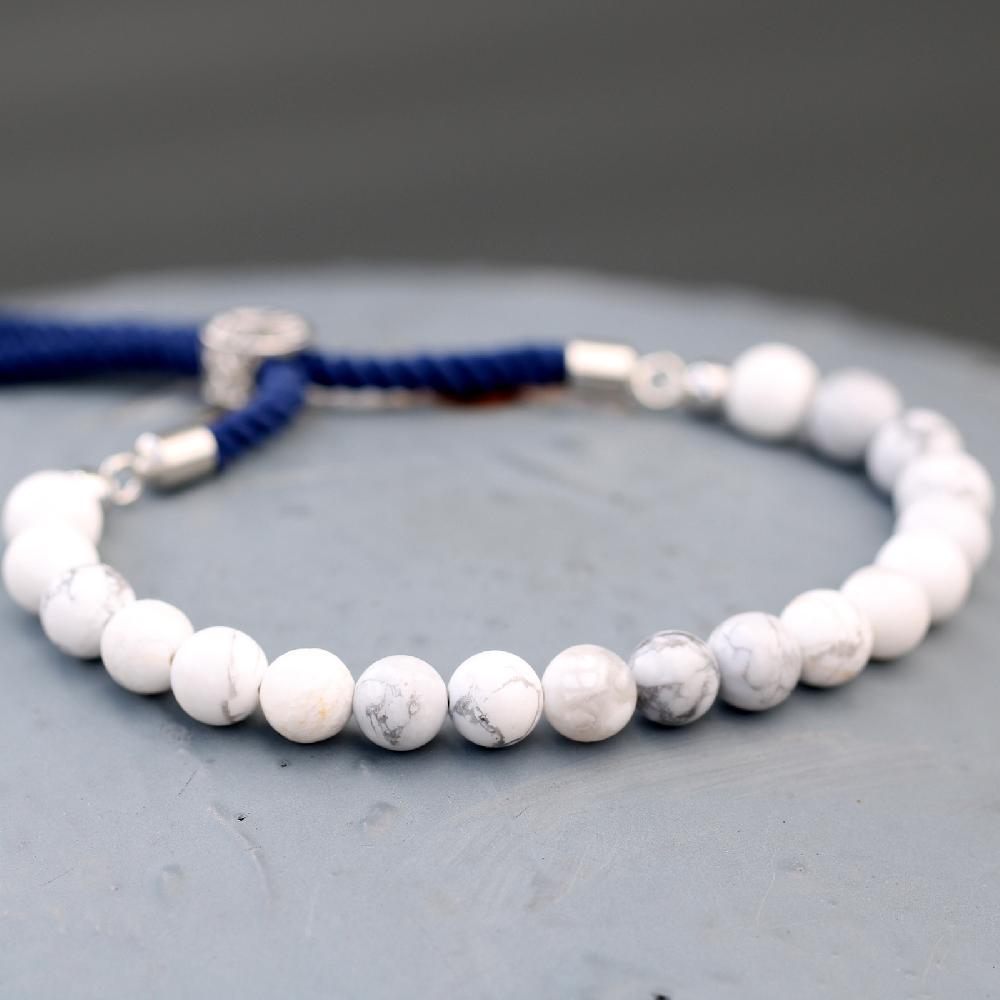 Ancient Wisdom 925 Silver Plated Gemstone Navy String Bracelet - White Howlite