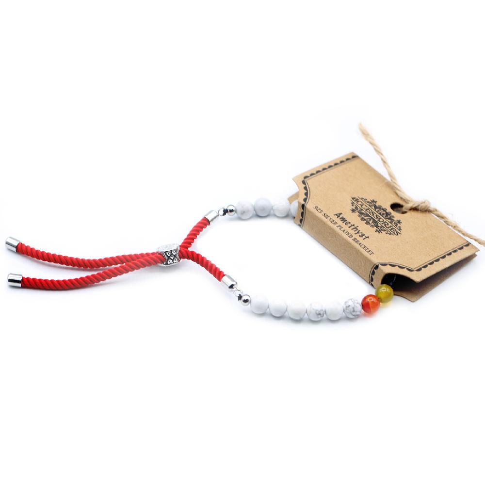 Ancient Wisdom 925 Silver Plated Gemstone Royal Red String Bracelet - White Howlite Chakra