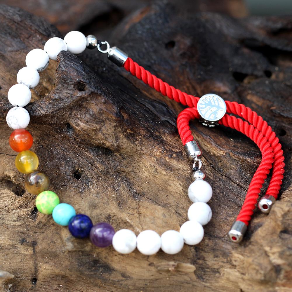 Ancient Wisdom 925 Silver Plated Gemstone Royal Red String Bracelet - White Howlite Chakra